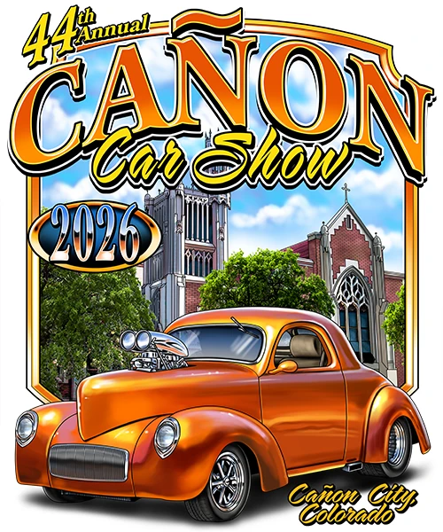 44th Annual Cañon Car Show 2026 official poster artwork featuring a custom orange hot rod coupe with chrome engine blower in front of the historic Abbey building with blue sky and clouds, Cañon City, Colorado